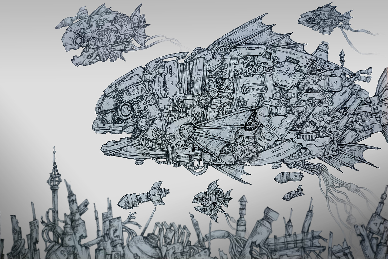 機械魚|插畫|插畫習作|伊索qwker 